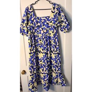 Mud Pie Blue Yellow Floral Puff Sleeve Square Neck Maxi Dress Womens Medium